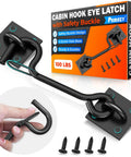 Heavy Duty Self Locking Cabin Hook And Eye Latch For Privacy Barn Doors shows black steel latch with safety buckle and screws.