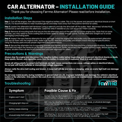 Installation guide for 80 Amp 12 Volt Car Alternator Replacement For Toyota Tacoma 2000 2004 with troubleshooting tips.