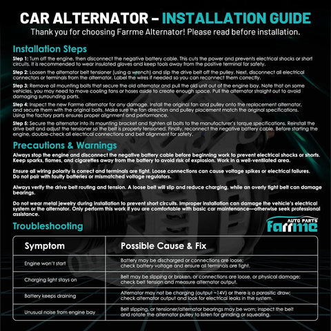 Alternator installation guide with steps, precautions, and troubleshooting tips on a black background.