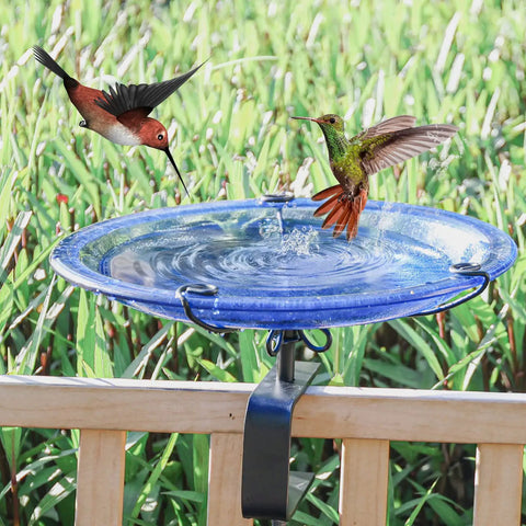 Heavy Duty Deck Mounted Glass Bird Bath With Secure Adjustable Clamp For Garden Railing Patio Fence Or Window Ledge Backyard Wildlife Drinking Fountain with hummingbirds bathing.