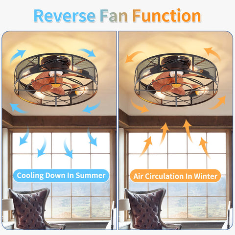 19 Inch Caged Ceiling Fan With Light Kit, Four Lights, Low Profile Flush Mount, 6 Speeds, Reversible, shown in two settings