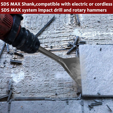 15 Inch Long SDS Max Tile Removal Chisel With 6 Inch Wide Shank used in demolition on concrete tiles.