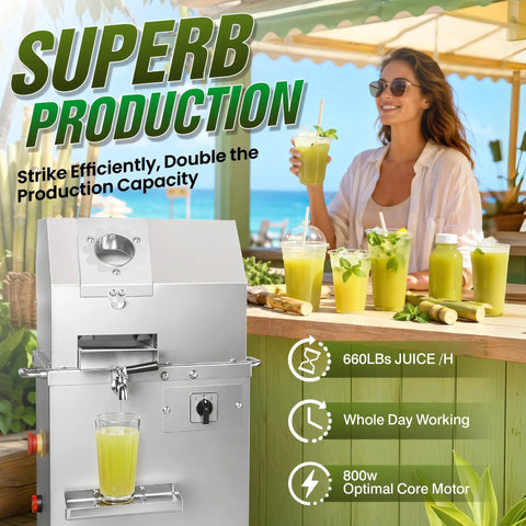 Commercial Sugar Cane Juicer Machine With Stainless Steel Juice Press And 110V Power Source shown extracting juice on a vibrant juice bar