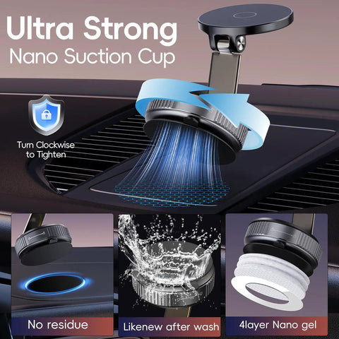 Heavy Duty Car Phone Holder Magnetic Mount With 360 Degree Rotation And Beefed Up Vacuum Suction For MagSafe Phones Fits iPhone 16 Pro Max And 15 14 13 12 Plus installed in car, showing ultra strong nano suction cup.