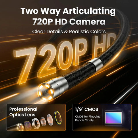 Rock Solid Two Way Articulating Borescope With Bright Led Lamp And Kickass Flexible Snake Cable For Gritty Under Car Engine Diagnostics featuring a 720P HD camera and optics.