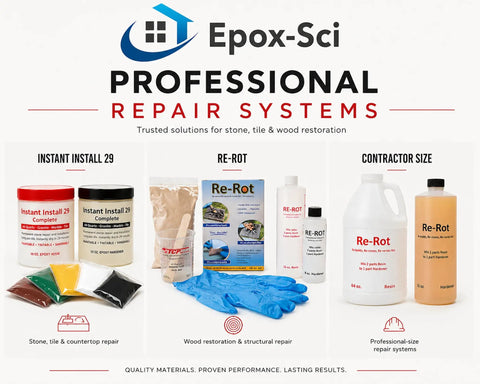 Epoxy countertop repair kit and related products for chips, cracks, and restoration, including Instant Install 29 and Re-Rot systems.