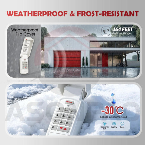 Wireless Overhead Door Opener Keypad For OKP BX weatherproof design with frost-resistant keypad in snowy setting.