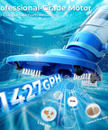 Cordless Pool Vacuum For Above Ground And Inground Pools 1427 GPH Powerful Suction showing motor and debris suction ability