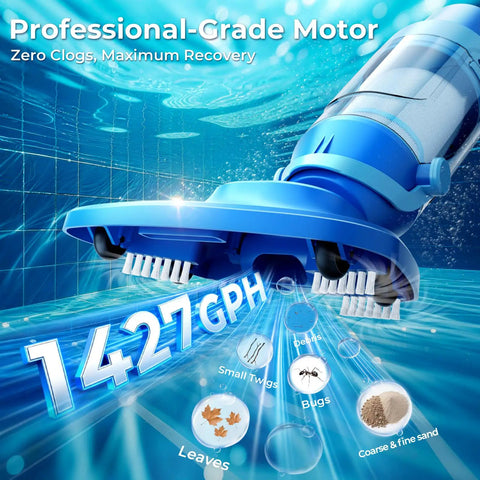 Cordless Pool Vacuum For Above Ground And Inground Pools 1427 GPH Powerful Suction showing motor and debris suction ability
