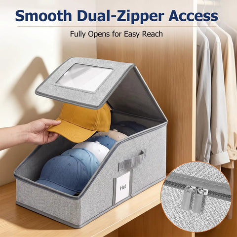 Stackable Hat Organizer 2 Pack Baseball Cap Storage Rack with dual-zippers and transparent lid for easy access.