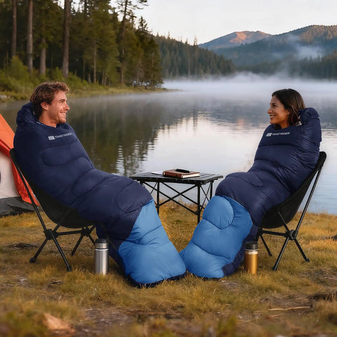 Couple enjoying outdoors in Ultra Lightweight Backpacking Sleeping Bag For Adults And Kids Packable Warm Weather Comfort 55 To 60 Fahrenheit 3-4 Seasons Includes Compression Sack Durable Ripstop Fabric Camping Hiking Travel Outdoor Gear