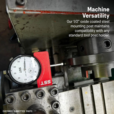 Lathe Tool Post Indicator For Fast Precise Setup And Centering In 3 Jaw And 4 Jaw Chucks Durable Aluminum Housing Built To Last With Accurate Readouts And A 5 Year Warranty For Machinists And Gearheads mounted on lathe