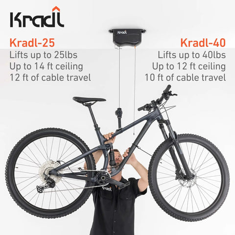Man lifting bike with Two Pack 40 Pound Ceiling Mount Bike Lift And Rack For No Fuss Bicycle Storage Without Electricity Ropes Or Pulleys
