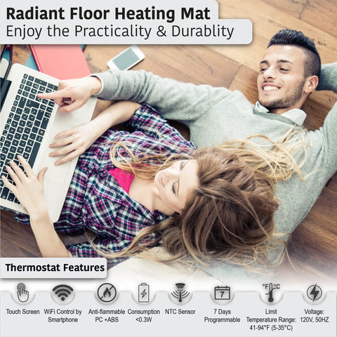 Couple enjoying comfort with Get Your Floors Toasty With A Self Adhesive Electric Floor Heating Mat System Featuring Programmable 7 Day Thermostat.
