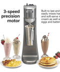 Workhorse Commercial Single Spindle Drink Mixer With Hands Free Operation 3 Speed Universal Motor Pulse Activation displayed with milkshakes and pancakes