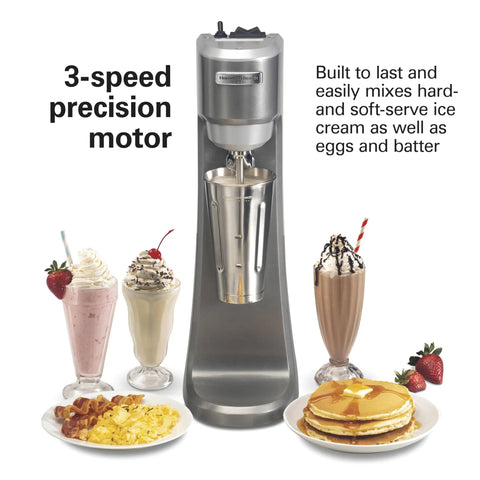 Workhorse Commercial Single Spindle Drink Mixer With Hands Free Operation 3 Speed Universal Motor Pulse Activation displayed with milkshakes and pancakes