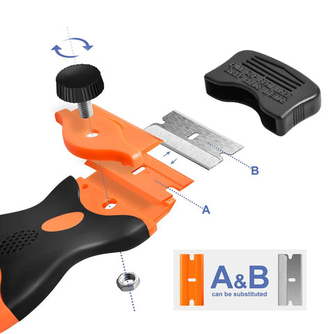 Exploded view of Pro Grade Double Edge Razor Scraper Kit With 30 Replacement Blades, showing assembly parts and blade types.