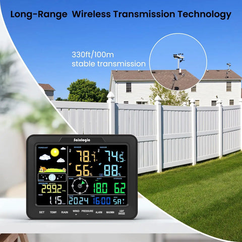 12-In-1 Home Weather Station With Indoor Outdoor Sensors No WiFi Rain Gauge And A Big 8 Inch Display in a garden setup
