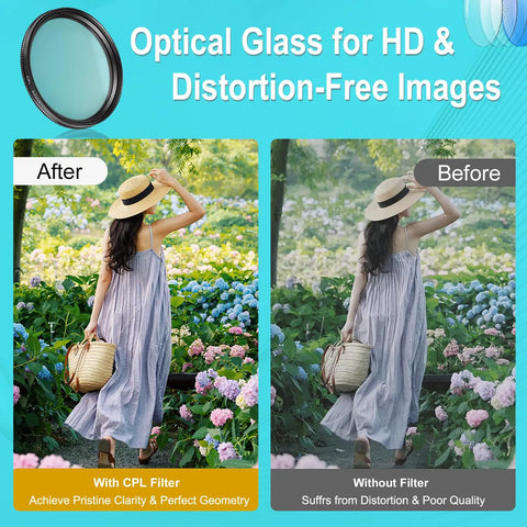 Comparison of photos with and without 52mm Clip-On Circular Polarizer Filter for iPhone and Android, CPL Lens With Multi-Layer Coating