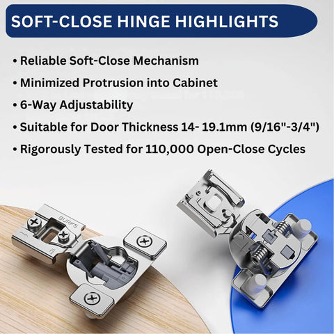 Heavy Duty Soft Close Cabinet Hinges 30 Pack Face Frame Half Inch Partial Overlay showcasing soft-close mechanism and adjustability.