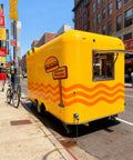 Mobile Food Truck And Snack Cart For Sale Featuring Custom Commercial Trailer Built For Coffee Stands And Burger Joints. Yellow exterior with a burger logo.