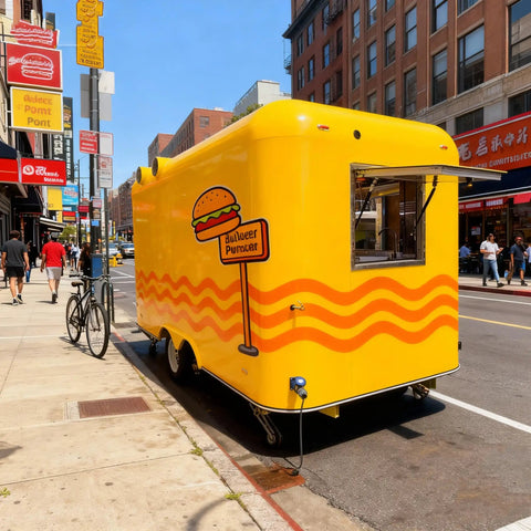 Mobile Food Truck And Snack Cart For Sale Featuring Custom Commercial Trailer Built For Coffee Stands And Burger Joints. Yellow exterior with a burger logo.