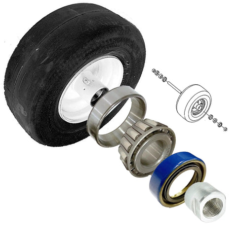 Exploded view of Beefed Up Front Wheel Bearing And Axle Sleeve Rebuild Kit With Spring Loaded Seals And 304 Stainless Axle for Exmark Toro 13x6.50-6.