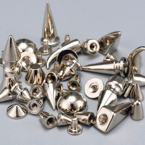 Level Up Your Leather Game With Hella Durable 270 Sets Screwback Spikes And Studs Kit Featuring metallic silver cone spikes and screws.