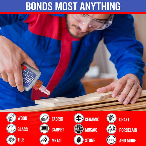 Person using All In One Heavy Duty Glue For Wood Tile Ceramic Glass Metal And More, Fast Drying Multi Surface Adhesive