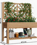 Wooden Elevated Garden Bed With Trellis On Sturdy Legs Free Standing Planter Box With Storage Shelf 47 By 24 By 55 Inches Space Saving Design For Flowers Herbs Veggies And Climbing Vines On Patios And Balconies