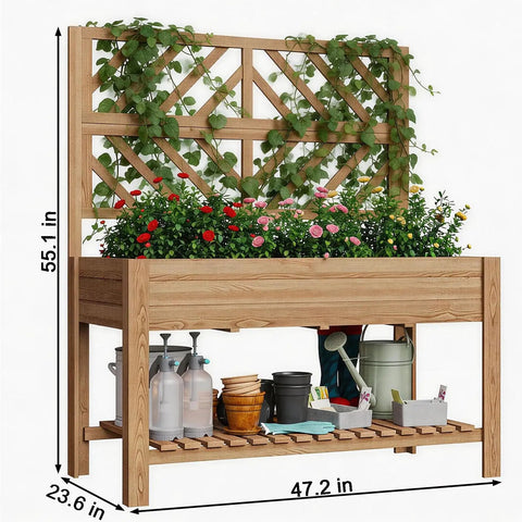 Wooden Elevated Garden Bed With Trellis On Sturdy Legs Free Standing Planter Box With Storage Shelf 47 By 24 By 55 Inches Space Saving Design For Flowers Herbs Veggies And Climbing Vines On Patios And Balconies