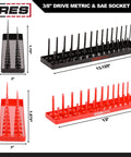 Image of Two-Piece 3/8-Inch Drive Socket Keeper Organizer Tray Set For Metric And SAE Sockets Holds 56 Standard And Deep Sockets in Black and Red