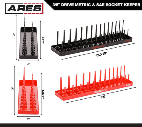 Image of Two-Piece 3/8-Inch Drive Socket Keeper Organizer Tray Set For Metric And SAE Sockets Holds 56 Standard And Deep Sockets in Black and Red