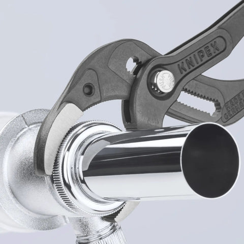 10 Inch Pipe And Connector Pliers With Push Button 25 Easy Adjustments gripping a metal pipe fitting