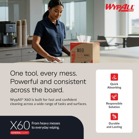 Person using GeneralClean X60 Multi-Task Cleaning Cloths Pop-Up Box, 118 sheets per box, in a kitchen setting for fast cleanup.