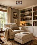 Interior with Industrial Farmhouse Two Light Drum Ceiling Fixture with Seeded Glass Shades in living room ambiance