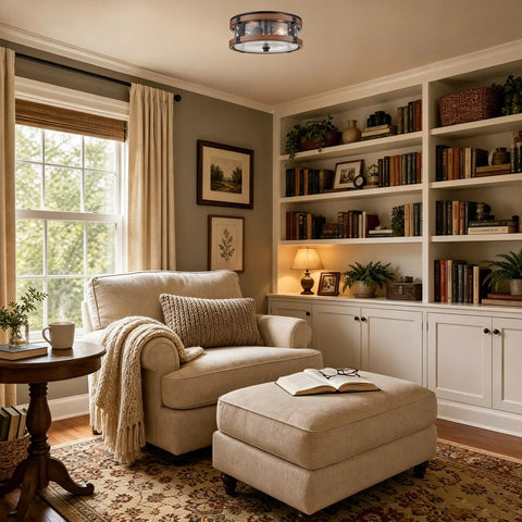 Interior with Industrial Farmhouse Two Light Drum Ceiling Fixture with Seeded Glass Shades in living room ambiance