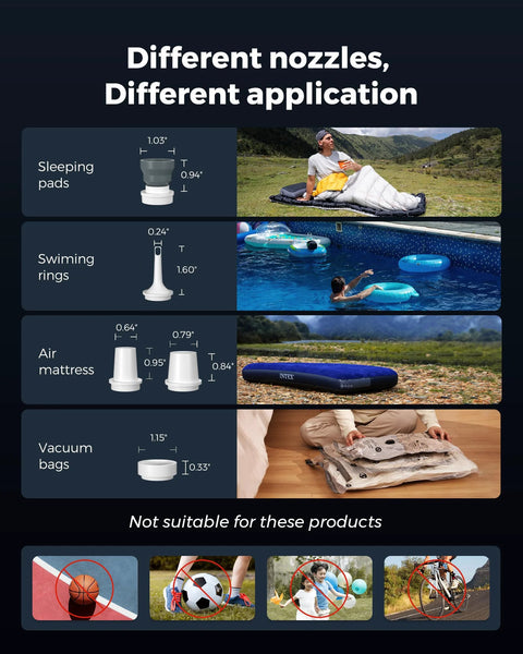 FLEXTAILGEAR portable air pump with nozzle diagrams for sleeping pads, swimming rings, air mattress, vacuum bags.