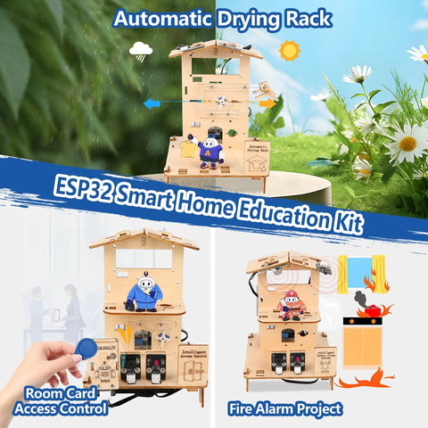5 In 1 ESP32 STEM Kits For Kids Aged 8 To 12 Wooden 3D Puzzle Toys That Build Cool Smart Home Projects Educational Science And Coding Kit For Students Engineering Model Kit Gift For Teens Boys And Girls Hands On Learning Fun, wooden automatic drying rack project