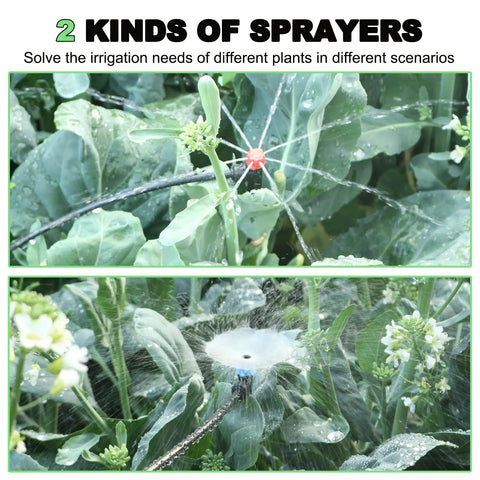 Upgraded Drip Irrigation Kit With 46 Ft Main Tubing And Half Inch Lines, quick connect fittings in garden spray setup