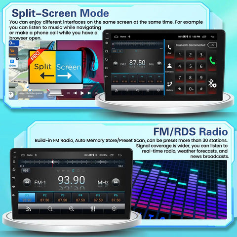 Split-screen and FM/RDS radio features on Mitsubishi Mirage 2012-2018 Android Car Stereo With Wireless CarPlay And Android Auto 9 Inch Touch Screen Dash Kit GPS Navigation WiFi Bluetooth SWC Mic Backup Camera 2 Plus 64GB.