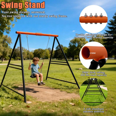 Child sitting on A-Frame Swing Stand For Hammock Chair, Heavy Duty Steel Frame Supports Up To 440 Lbs in outdoor park