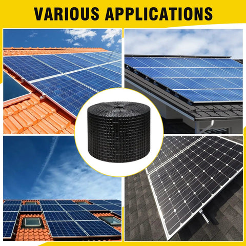 Hella Durable Solar Panel Bird Netting 8In By 100Ft Galvanized Mesh Black PvC Coated used on various roofs to protect solar panels.