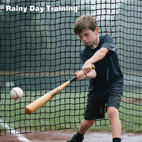 Child practicing baseball with Heavy Duty Square Batting Cage Net for Baseball and Softball Training in wet conditions.