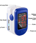 Fingertip Pulse Oximeter With Batteries Included For Quick SpO2 And Pulse Rate Readouts, Large LED Display, Navy Blue, Built For Athletes, Travelers, Climbers, Runners And Everyday Health Enthusiasts, blue and white clip-on device