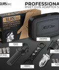 Heavy Duty Rivet Gun Adapter For Drill Turns Your Cordless Screwdriver Into A Workhorse Electric Riveter with storage case and rivet heads.