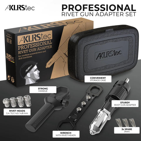Heavy Duty Rivet Gun Adapter For Drill Turns Your Cordless Screwdriver Into A Workhorse Electric Riveter with storage case and rivet heads.