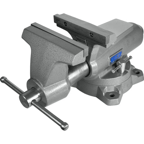 Heavy Duty Mechanics Bench Vise 8 Inch Jaw Width 8.5 Inch Opening built tough with ductile iron base shown at an angle.