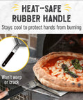 Extra Large Stainless Steel Pizza Peel With Folding Handle For Indoors Or Outdoors Ovens Dishwasher Safe Metal Pizza Paddle 13 Inch By 15 Inch Heavy Duty Pro Grade Oven Accessory For Easy Pie Lifts And Quick Cleanup, showing pizza on paddle with heat-safe rubber handle.