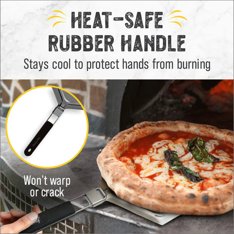 Extra Large Stainless Steel Pizza Peel With Folding Handle For Indoors Or Outdoors Ovens Dishwasher Safe Metal Pizza Paddle 13 Inch By 15 Inch Heavy Duty Pro Grade Oven Accessory For Easy Pie Lifts And Quick Cleanup, showing pizza on paddle with heat-safe rubber handle.